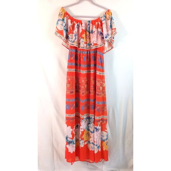 Jealous Tomato Maxi Dress L Red Floral On/Off Shoulder Double Split NWT - Picture 6 of 7
